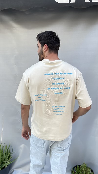 Krem Modal Oversize Nakış Detaylı Erkek Tişört