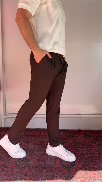 Kahve Düğmeli Pileli Erkek Pantolon