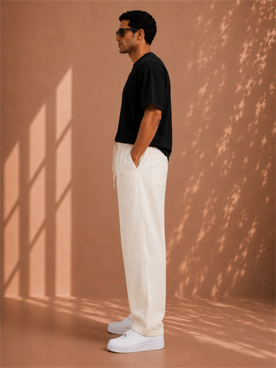 Beyaz Keten Relax Fit Bağcıklı Erkek Pantolon