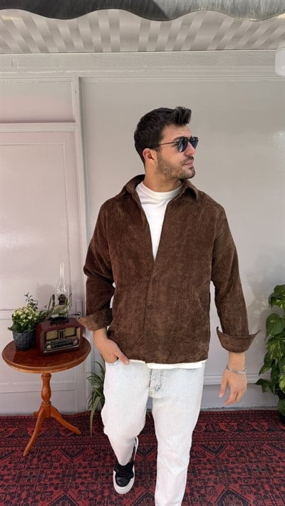 Casual Men Kahve Kadife Oversize Erkek Gömlek