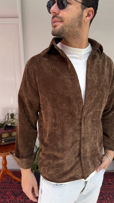Casual Men Kahve Kadife Oversize Erkek Gömlek