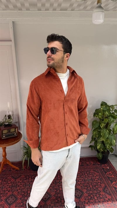 Casual Men Tarçın Kadife Oversize Erkek Gömlek