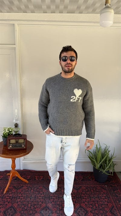2512 Kalp Desenli Yün Kazak