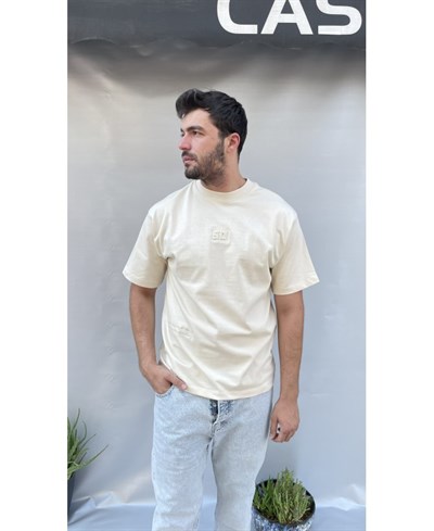 Casual Men South Kabartma Baskılı Oversize Bej T-Shirt