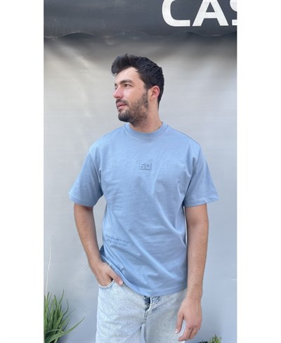 Casual Men South Kabartma Baskılı Oversize Mavi T-Shirt