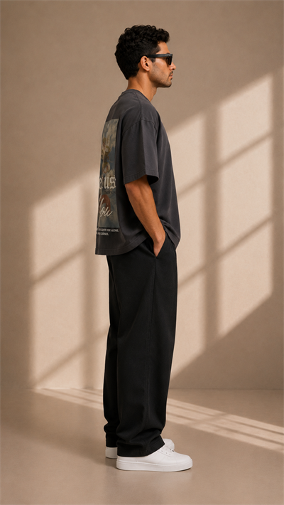 Antrasit Vintage Baskılı Oversize Erkek Tişört