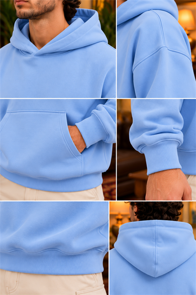 Bebe Mavisi Oversize Erkek Kapüşonlu Sweatshirt