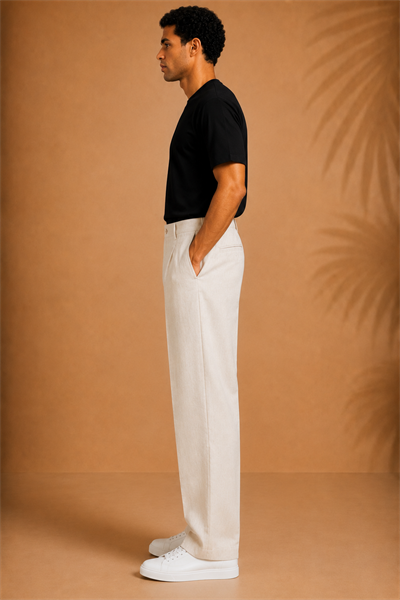 Kırık Beyaz Keten Baggy Fit Erkek Pantolon