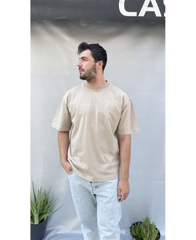 Casual Men Paris Nakış Detaylı Oversize Bej T-Shirt
