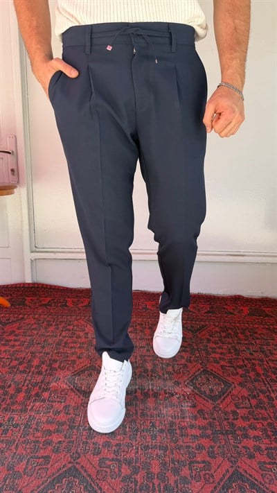 Lacivert Tek Pile Bağcıklı Pantolon