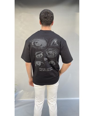 Casual Men Eyes Baskılı Oversize Siyah T-Shirt