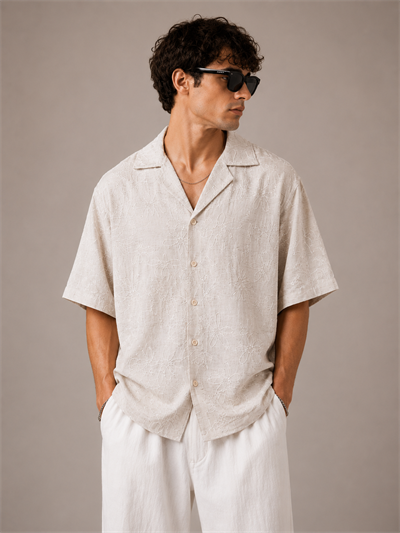 Krem Çiçek Nakışlı Oversize Erkek Gömlek