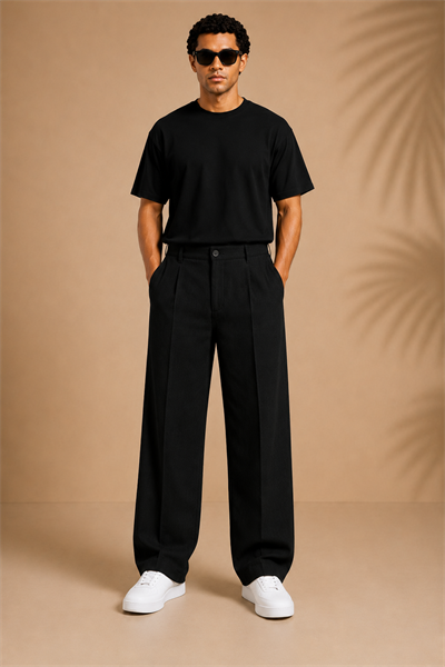 Siyah Keten Baggy Fit Erkek Pantolon