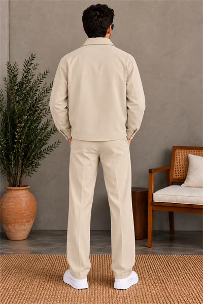 Premium Bej Fermuarlı Ceket Pantolon Takım
