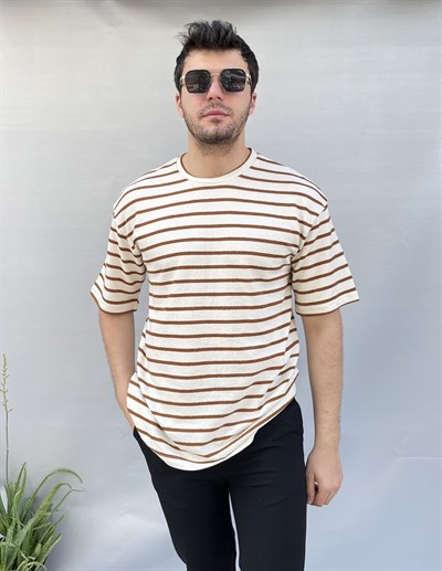 Kahve Çizgili Dokulu Oversize Erkek Tişört