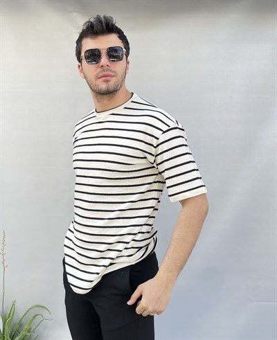 Siyah Çizgili Dokulu Oversize Erkek Tişört
