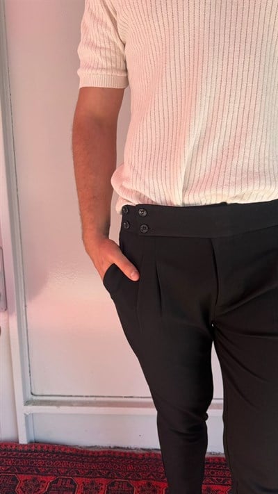 Siyah Düğmeli Yüksek Bel Erkek Pantolon