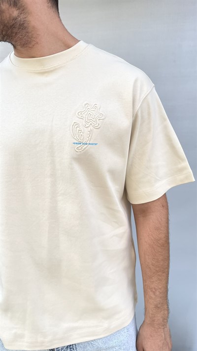 Krem Modal Oversize Nakış Detaylı Erkek Tişört