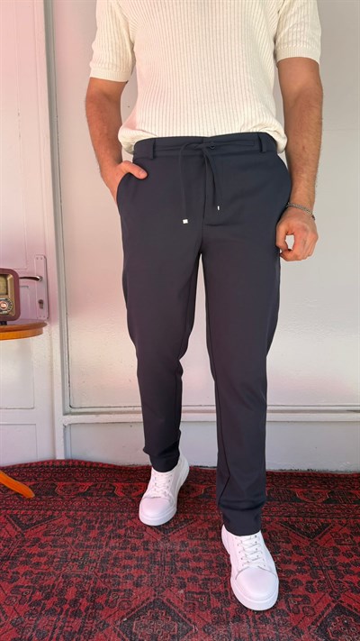 Lacivert Pilesiz Bağcıklı Erkek Pantolon