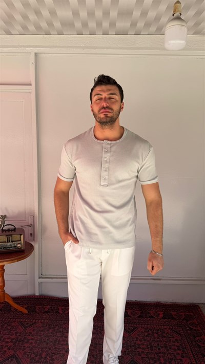 CasualMentr Açık Gri Düğmeli Fitilli Erkek Tişört