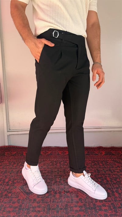 Siyah Tokalı Pileli Erkek Kumaş Pantolon