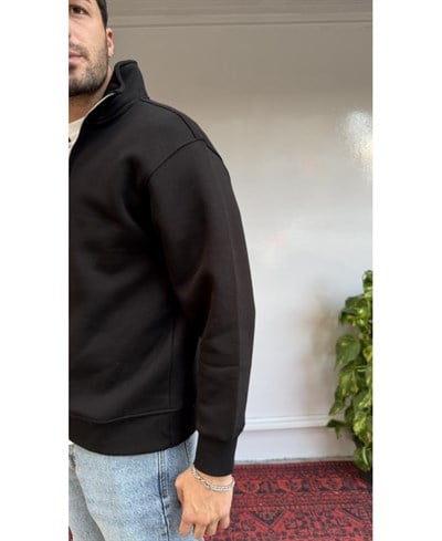 Casual Men Basic Yarım Fermuarlı Oversize Sweatshirt Siyah