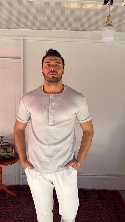 CasualMentr Açık Gri Düğmeli Fitilli Erkek Tişört