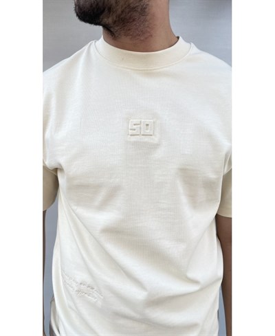 Casual Men South Kabartma Baskılı Oversize Bej T-Shirt