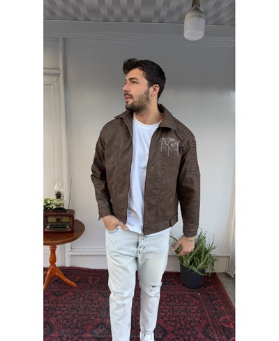 Casual Men Kahve Nakış Detaylı Suni Deri Ceket