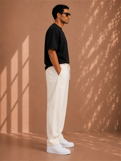 Beyaz Keten Relax Fit Bağcıklı Erkek Pantolon
