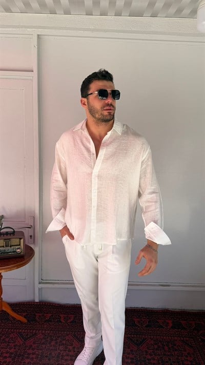 CasualMentr Beyaz Oversize Keten Dokulu Erkek Gömlek
