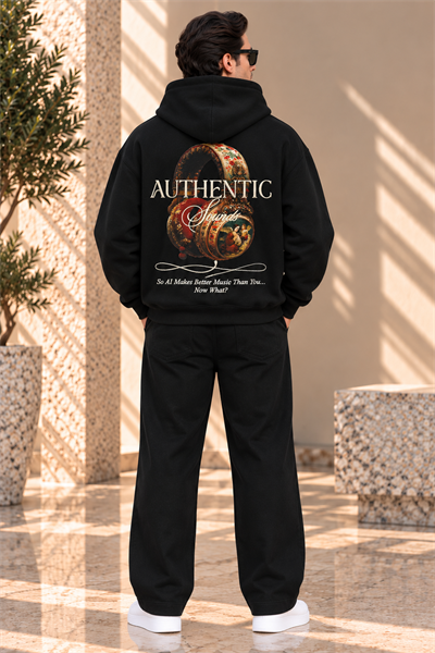Siyah Authentic Sounds Baskılı Oversize Erkek Hoodie