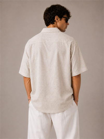 Krem Çiçek Nakışlı Oversize Erkek Gömlek