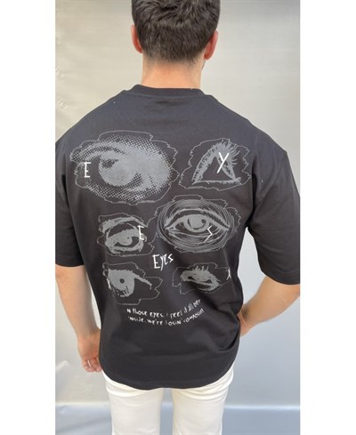 Casual Men Eyes Baskılı Oversize Siyah T-Shirt
