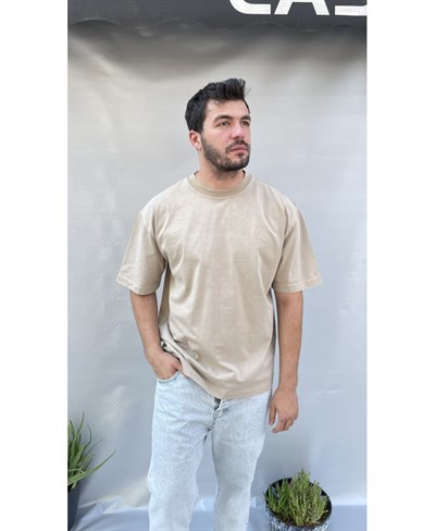 Casual Men Paris Nakış Detaylı Oversize Bej T-Shirt