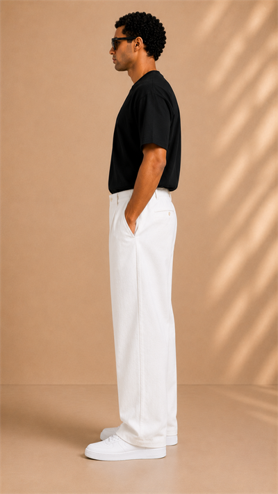 Beyaz Keten Baggy Fit Erkek Pantolon