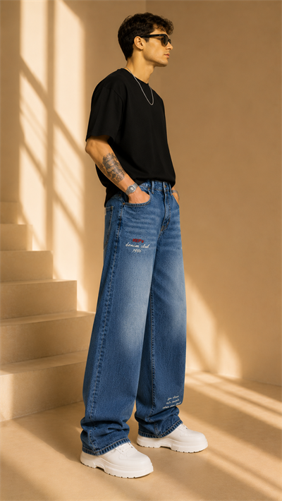 Koyu Mavi Desenli Wide Leg Baggy Jean