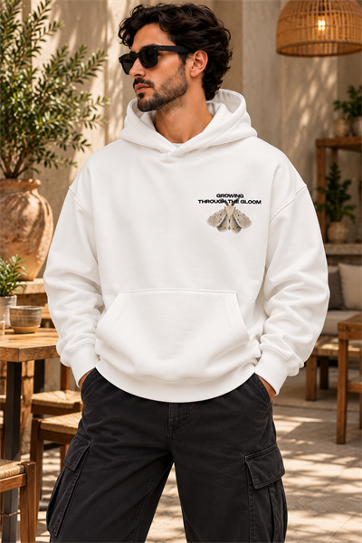 Beyaz Grafik Baskılı Oversize Erkek Hoodie