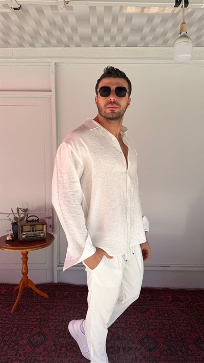 CasualMentr Beyaz Oversize Keten Dokulu Erkek Gömlek
