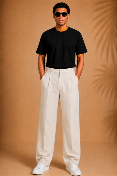 Kırık Beyaz Keten Baggy Fit Erkek Pantolon