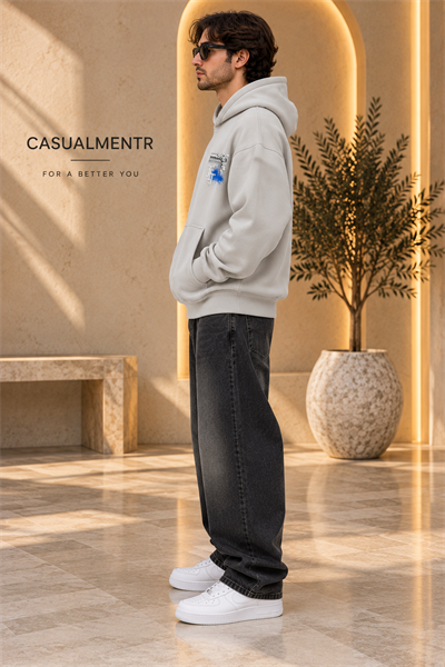 Loyalty Taş Gri Oversize Grafik Baskılı Kapüşonlu Sweatshirt