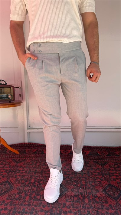 Gümüş Gri Düğmeli Yüksek Bel Erkek Pantolon