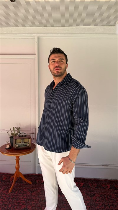 CasualMentr Lacivert Çizgili Oversize Erkek Gömlek