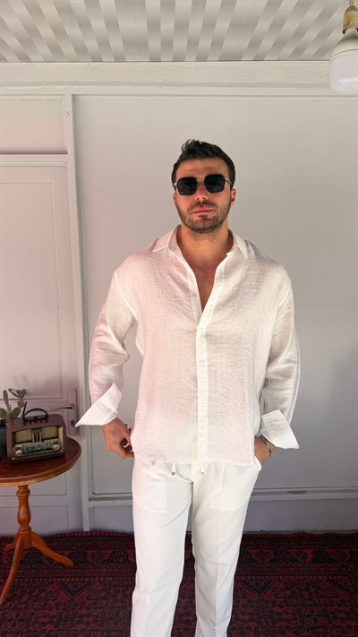 CasualMentr Beyaz Oversize Keten Dokulu Erkek Gömlek
