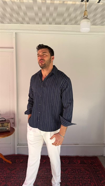 CasualMentr Lacivert Çizgili Oversize Erkek Gömlek