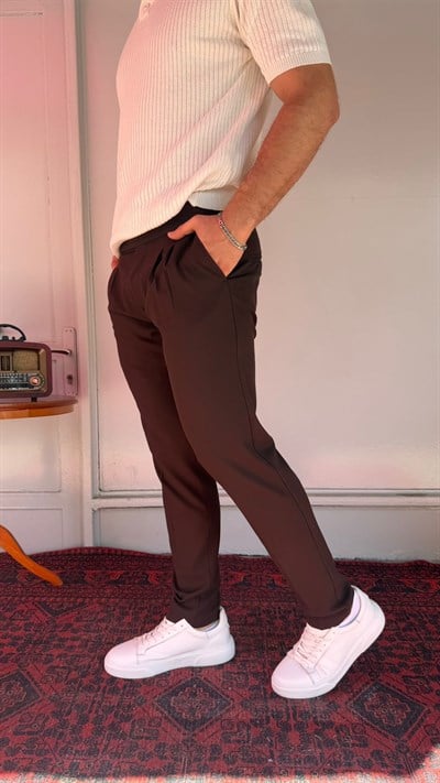 Kahve Düğmeli Pileli Erkek Pantolon