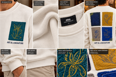Ekru Nakış Detaylı Oversize Erkek Sweatshirt