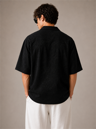 Siyah Nakış Desenli Oversize Gömlek