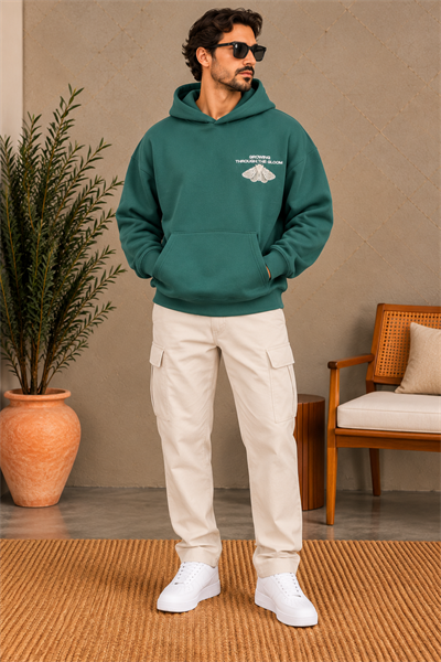 Koyu Yeşil Grafik Baskılı Erkek Hoodie
