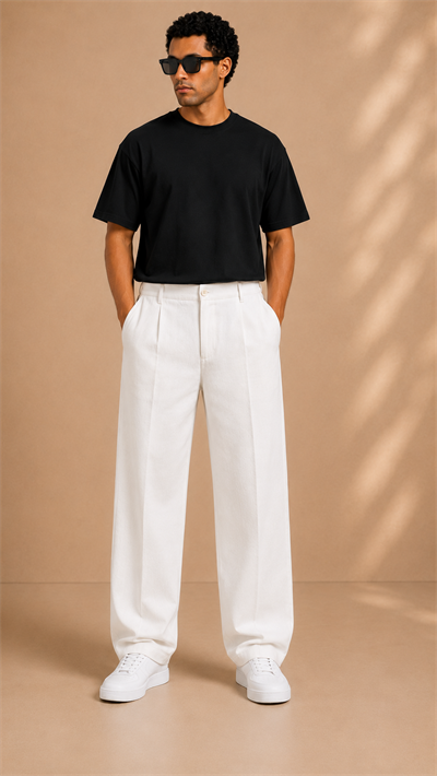 Beyaz Keten Baggy Fit Erkek Pantolon